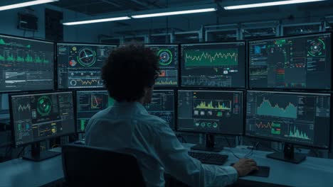 analysis in action: a focused operator monitors multiple high-tech screens to decipher data trends and make informed decisions in a dynamic environment