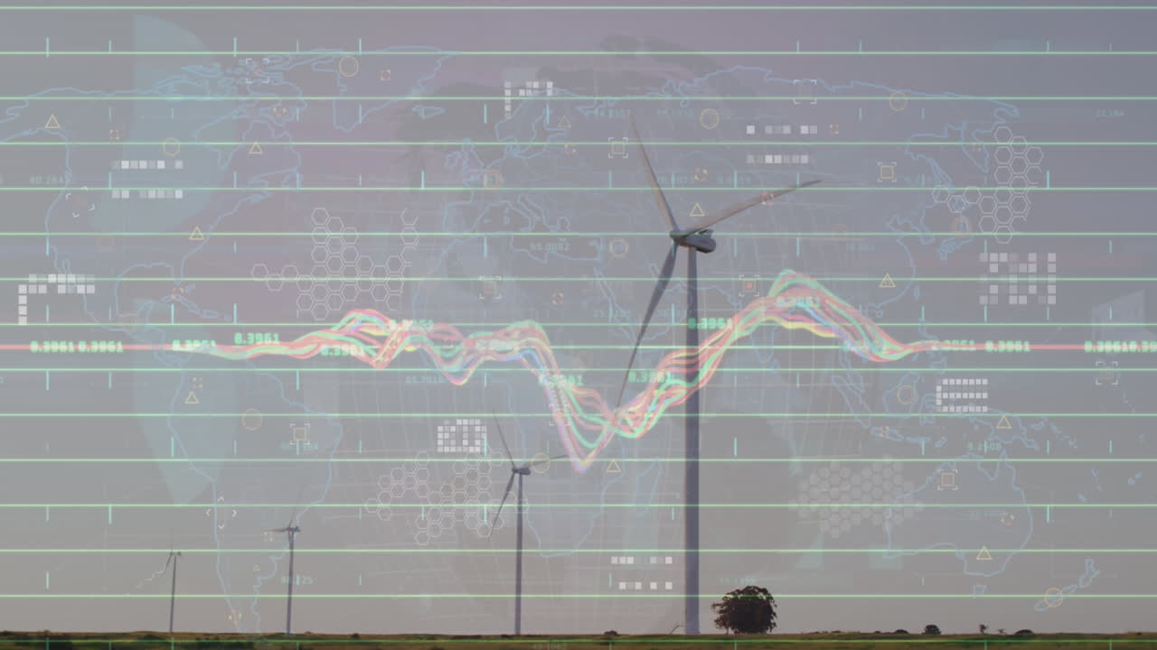회색 하늘을 배경으로 지구상에서 데이터 처리의 애니메이션과 회전하는 풍차