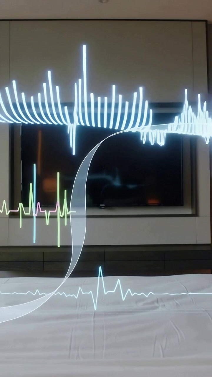 Video verticale: TV animata che inizia con sottili linee ECG in camera da letto, trasformandosi in impulsi densi.