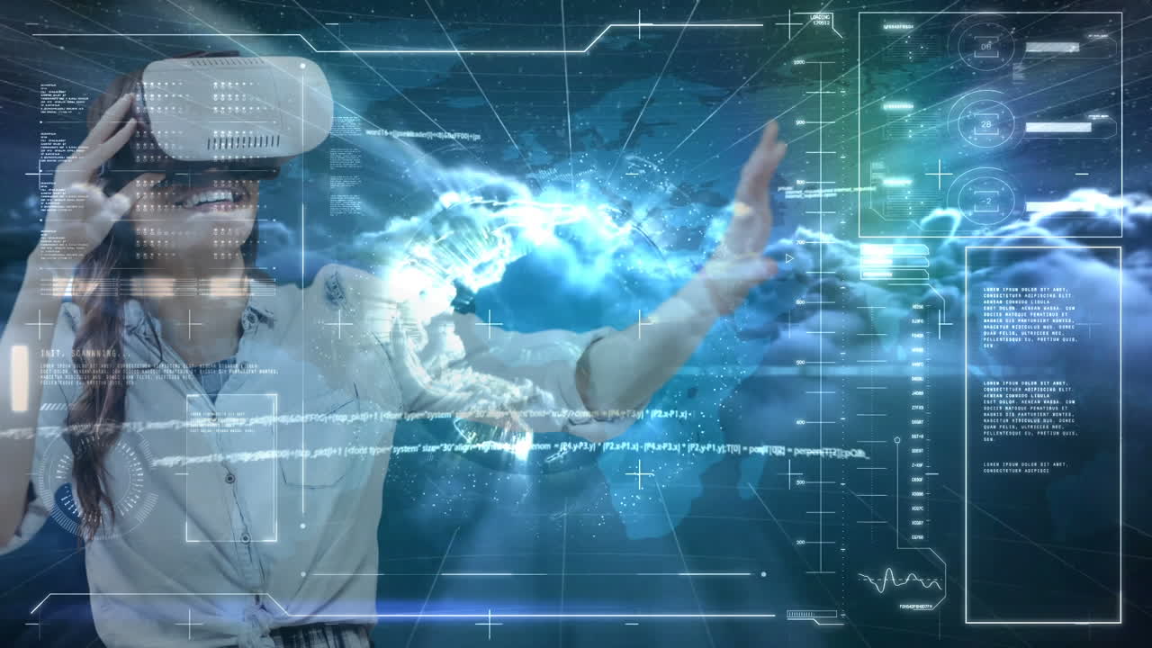 Wearing VR headset and interacting, woman over digital interface with futuristic graphics