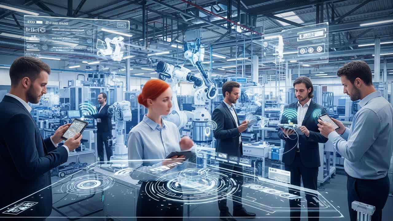 A Collaborative Environment in a High-Tech Factory Featuring Advanced Robotics and Individuals Engaged in Digital Communication and Analysis