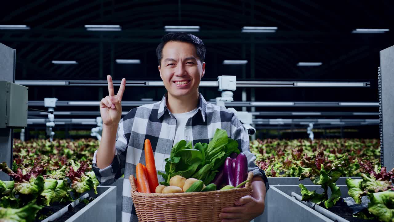 아시아 남성 농부 는 채소 바구니 를 들고 평화 로운 몸짓 을 하고 똑똑 한 농장 에 서 있는 동안 미소 를 짓고 있다