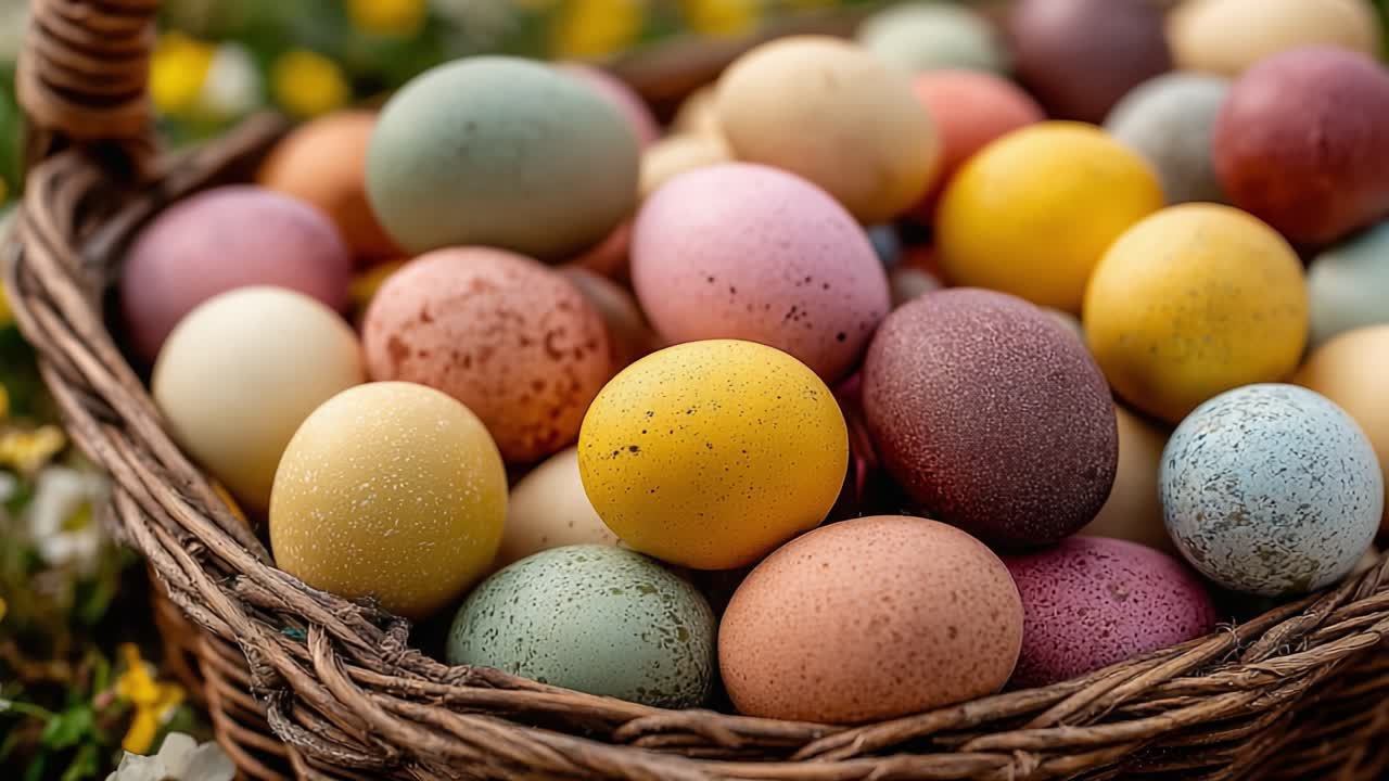 Uma Coleção Vibrante de Ovos Coloridos em uma Cesta Rústica Rodeada por Flores Primaveris, Capturando Perfeitamente a Alegria das Celebrações Sazonais