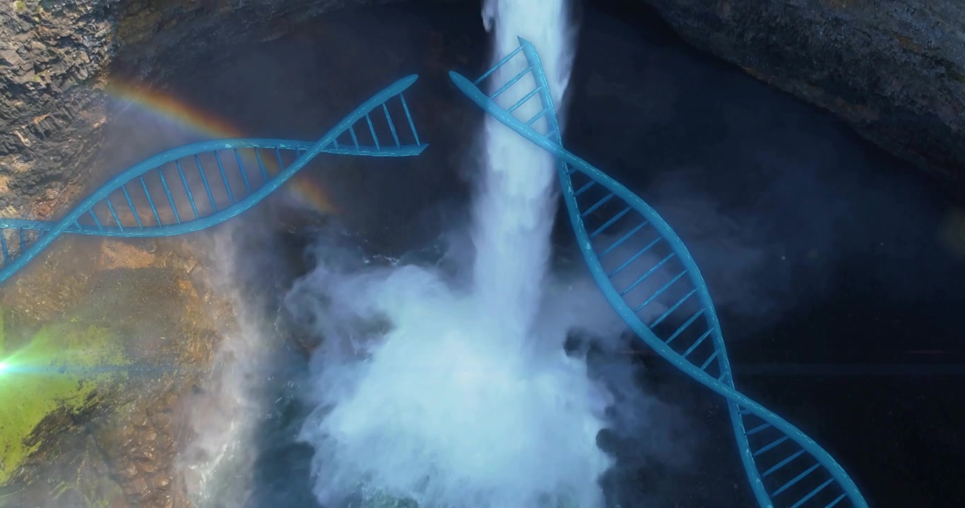 Drone aereo che si libra, cascata che cade, eliche di DNA che ruotano, nebbia avvolgente, formando una sovrapposizione di dati.