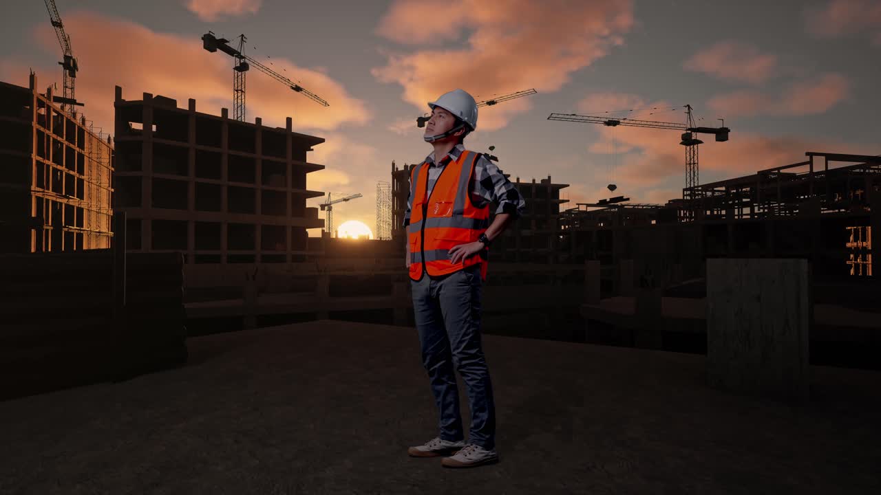 Full Body Side View Of Asian Male Engineer Wearing Safety Helmet Looking Around While Standing With Arms Akimbo At Building & Construction Site in Progress to New House