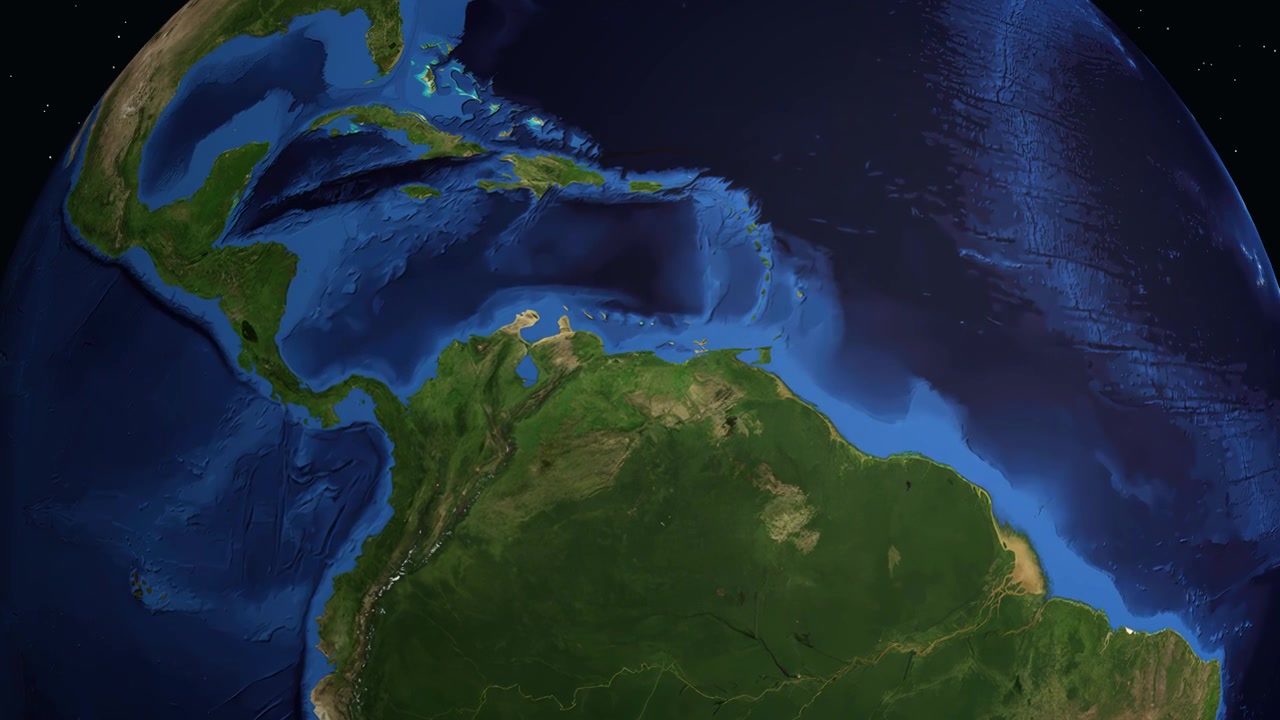 Un globo 3D ruota e zooma dallo spazio su Maracay, Venezuela, con etichette di testo