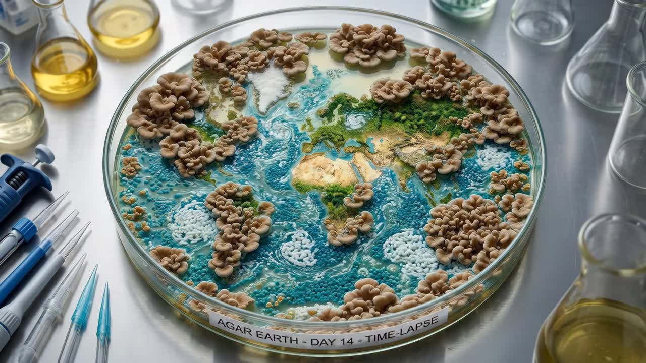 Time-Lapse of Fungal Growth on Agar Earth Map in Petri Dish