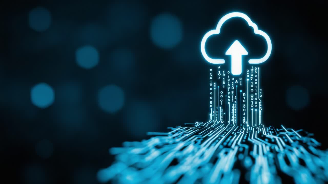 Digital Cloud Transfer Concept Illustrates Uploading Data to a Cloud Storage System with Streams of Binary Code Flowing from a Circuit Pattern Background