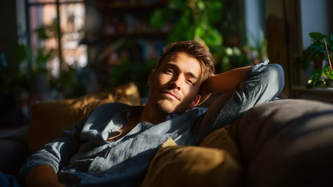Momenti di relax: un uomo si gode la tranquillità e il comfort mentre si rilassa su un comodo divano, crogiolandosi nella calda luce del sole che filtra attraverso le piante da interno in casa.