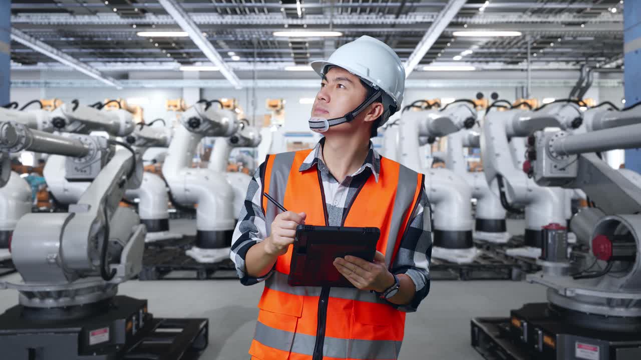 Engineer Inspecting Robotic Arms in a Factory