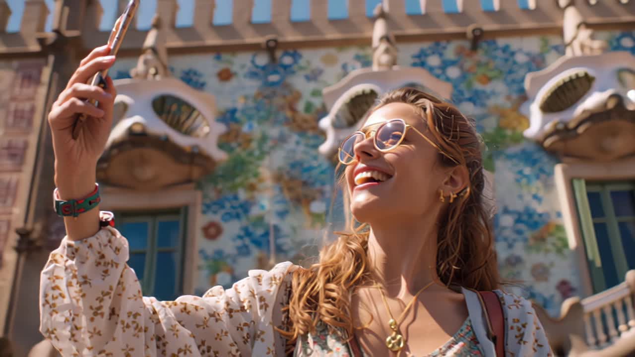 Turista sorridente che indossa occhiali da sole si scatta un selfie con lo smartphone davanti a un'architettura a mosaico ornata in una giornata di sole, concetto di stile di vita di viaggio e visita della città
