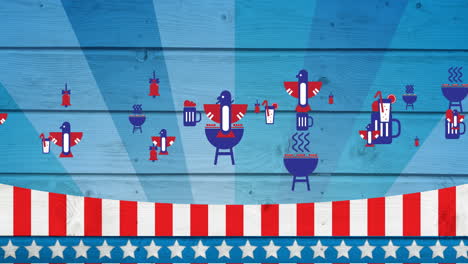 animation of icons coloured in american flag over stars and stripes background