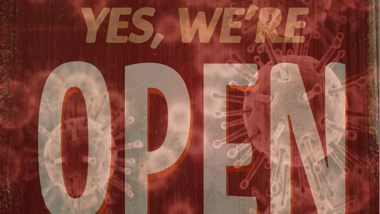 어두운 배경에 떠다니는 거시 코로나19 세포 위에 열린 텍스트의 애니메이션