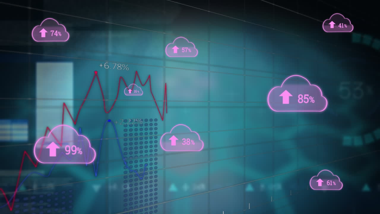 animación de múltiples iconos de nube con un porcentaje creciente contra el procesamiento de datos estadísticos.