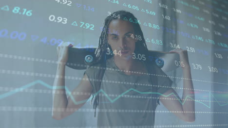 animación del procesamiento de datos financieros sobre un hombre biracial con patineta