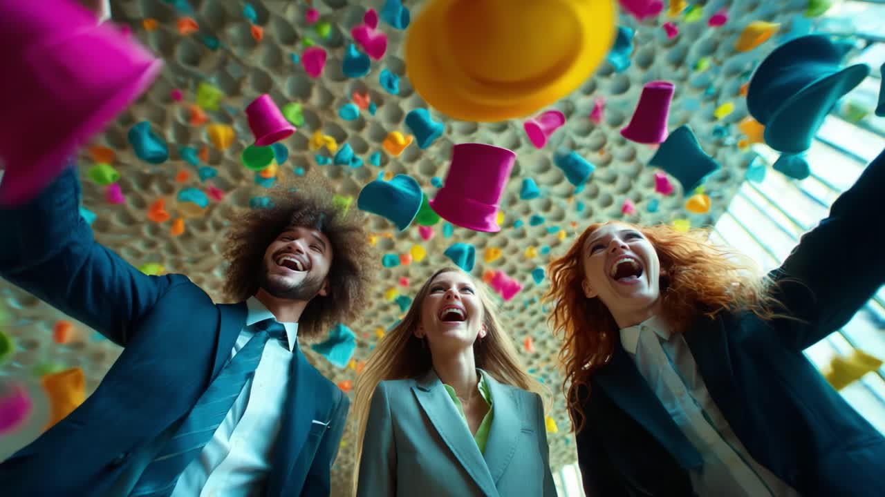 An Exciting Celebration of Joy and Camaraderie with Colorful Hats Surrounding Three Friends Joyfully Throwing Them in the Air, Capturing a Moment of Pure Happiness in a Vibrant Setting