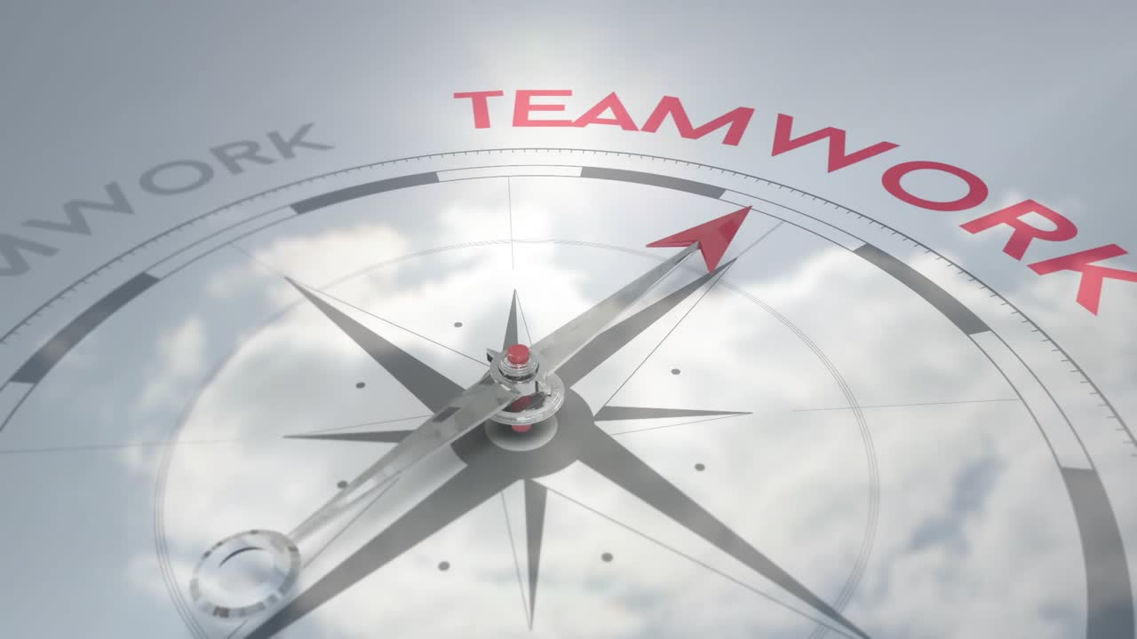 On start launching red arrow needle spinning across TEAMWORK letters, lighting them to depict unity