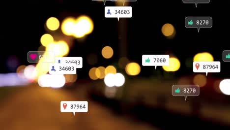 animation of social media icons and numbers over road traffic and cityscape