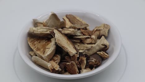 Raw-mushrooms-on-turntable-isolated-on-white