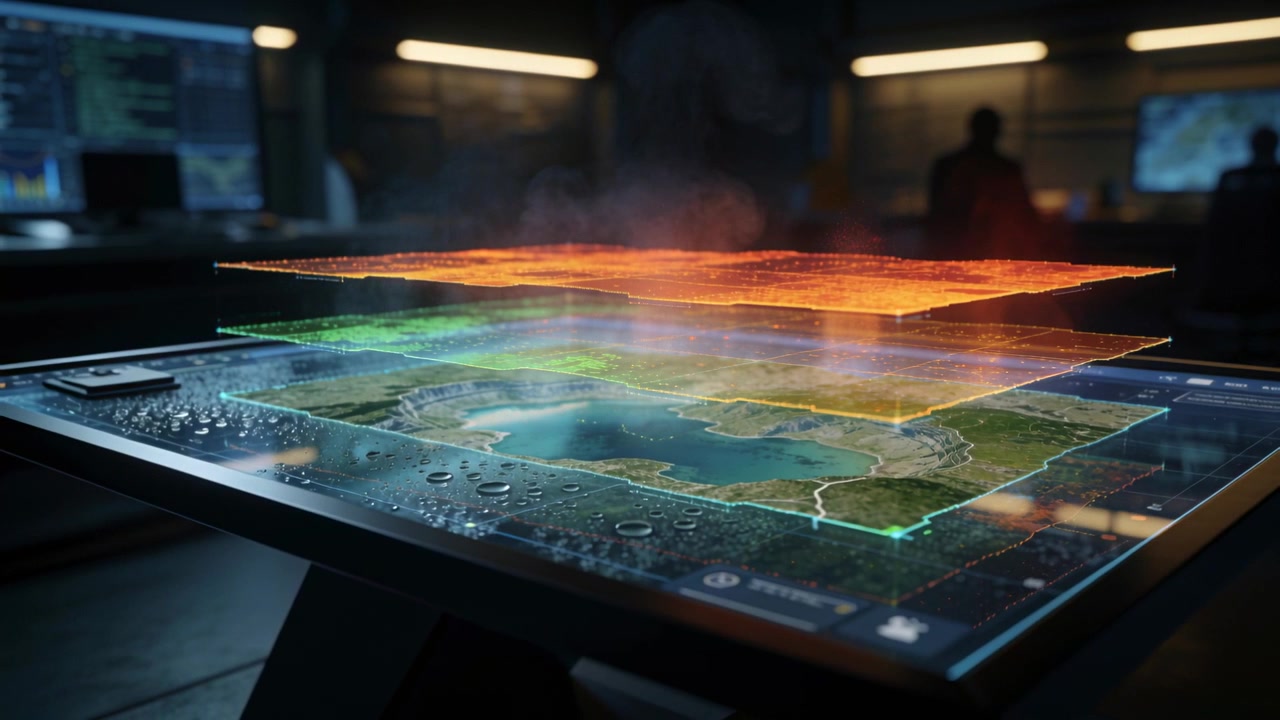 Displaying layered map above touch table, system raising layers from base map for ops, phone left