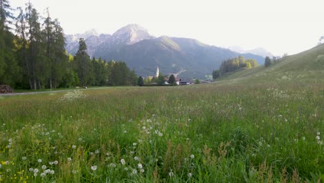 Un-Prado-En-Toblach,-Italia,-Pasa-Rápidamente-Mientras-La-Cámara-Del-Dron-Captura-Una-Toma-De-ángulo-Bajo.