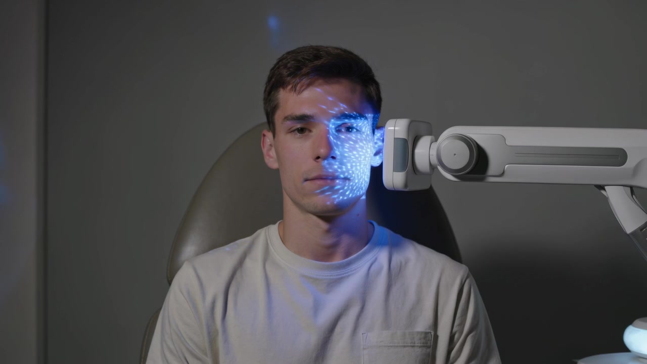 Attivazione del braccio scanner che proietta punti blu sul viso di un uomo in clinica, mappando i contorni facciali.