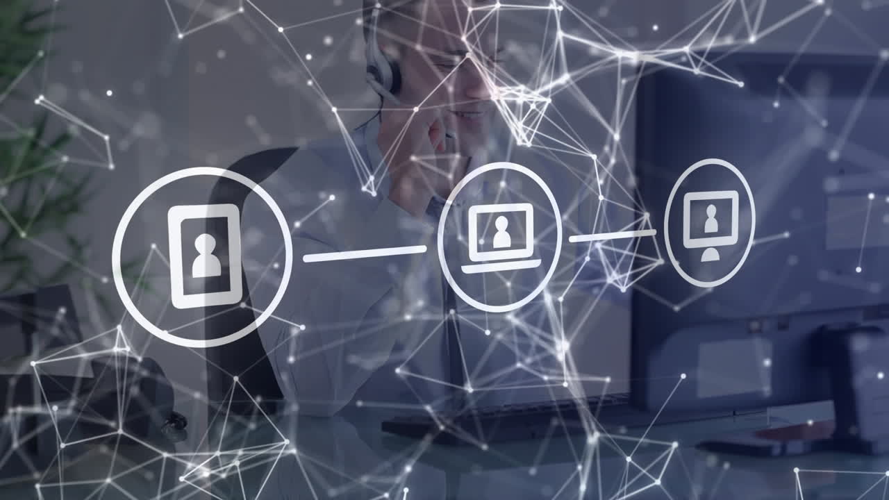 animación de la red de conexiones e iconos sobre un hombre de negocios con auriculares