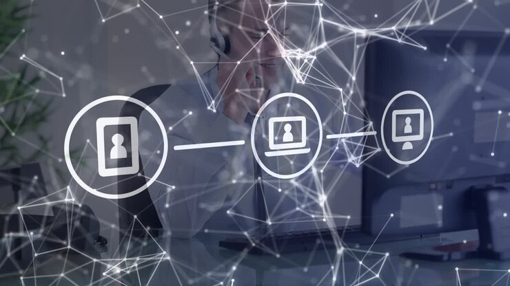 Animation of network of connections and icons over businessman wearing headset