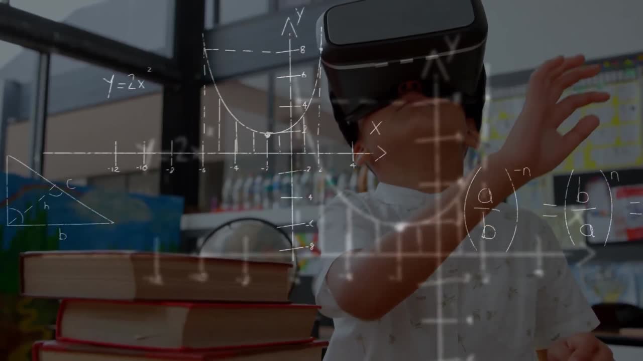 Animation of data processing over biracial boy using vr headset