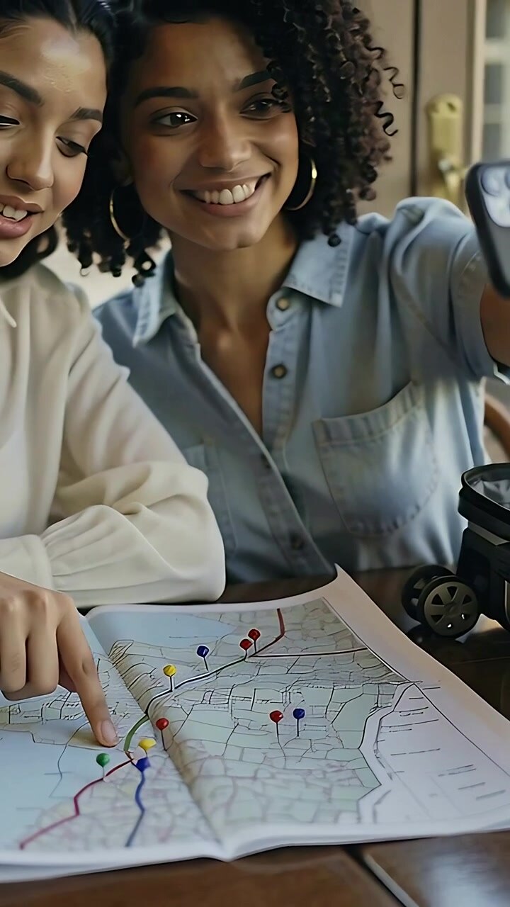 Vertical video: Pointing two women planning trip by window raising phone filming map with pushpins