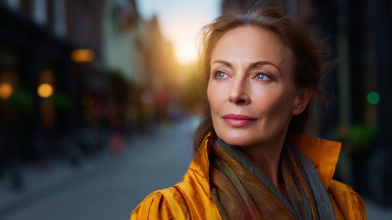 Donna riflessiva con una vivace giacca gialla sullo sfondo di un bellissimo tramonto urbano in un ambiente cittadino, che cattura momenti di serenità e grazia
