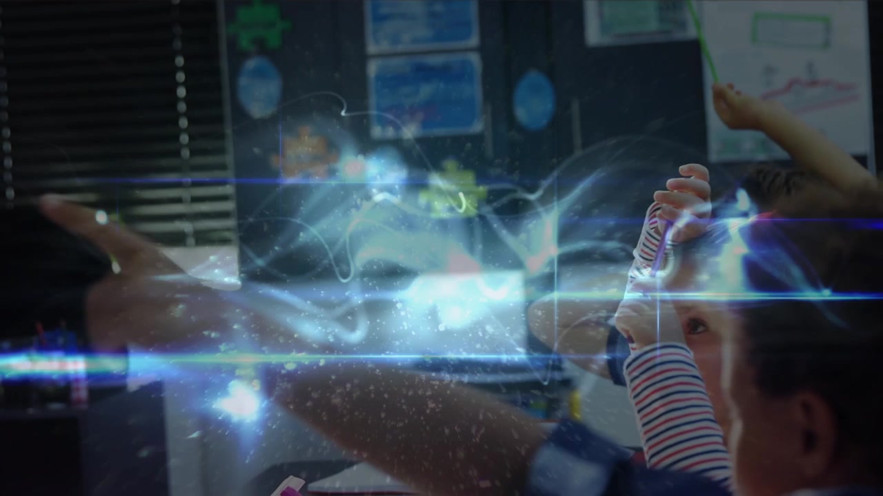 Animation of waves and lights over diverse boy and girl raising handa at school
