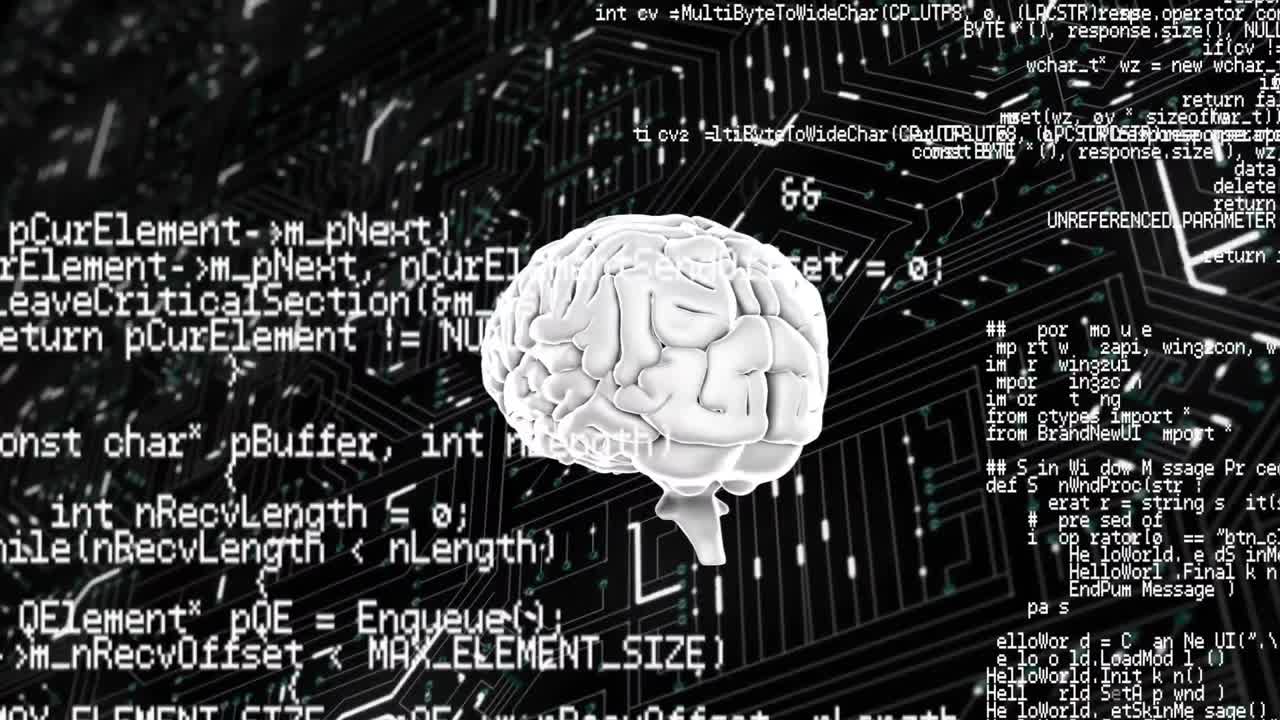 컴퓨터 회로판에 회전하는 회색 뇌