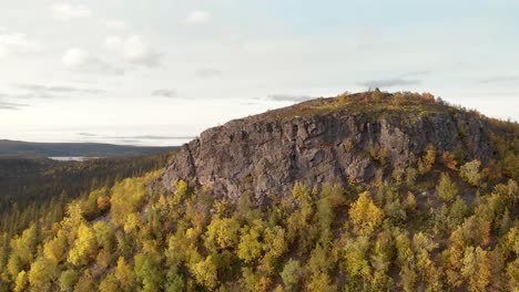 aerial orbit pan shot of rocky mountain peak surrounded by pine trees and lush vegetation in the fall and revealing vast boreal forest disrupted by nordic river in the horizon, in sweden, lapland