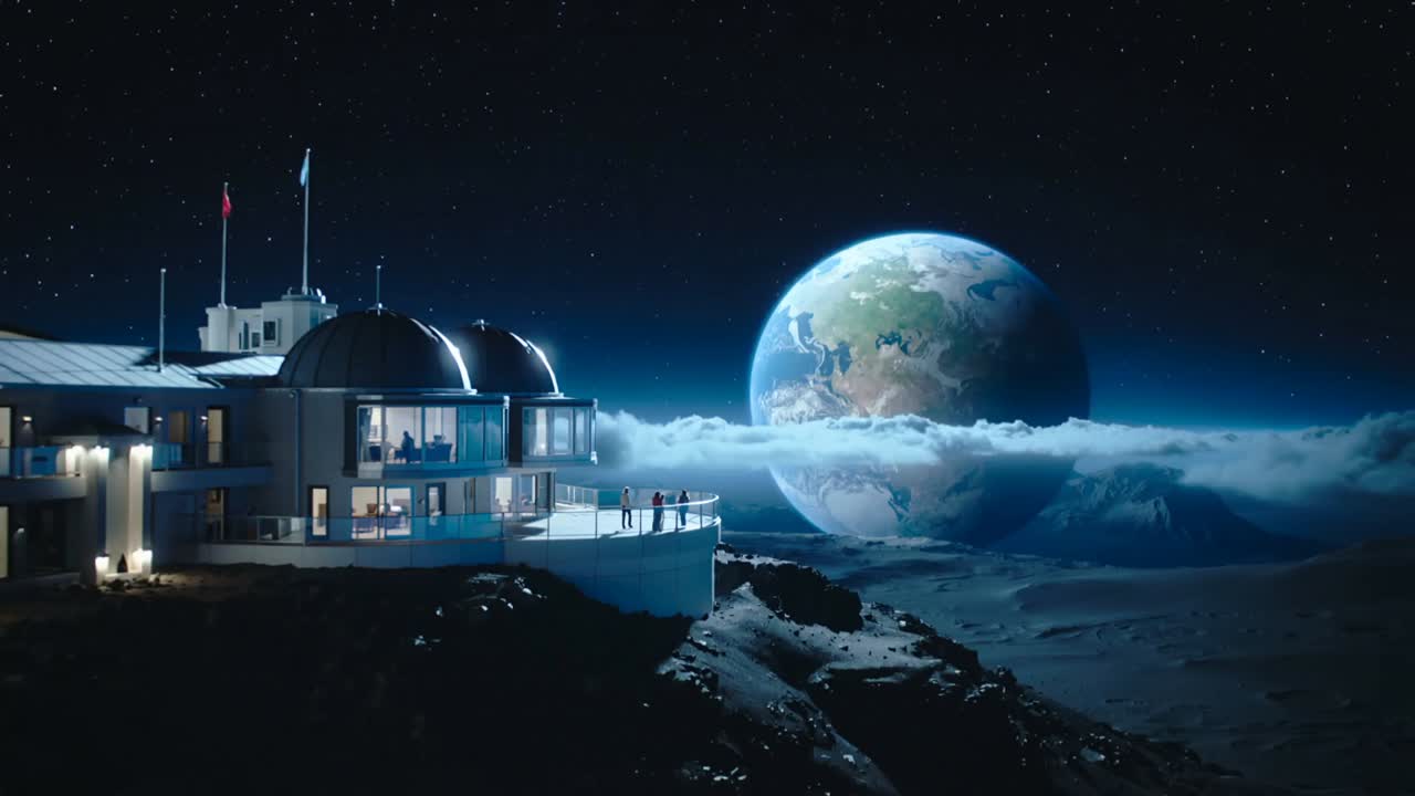 Stepping from lit interior, trio walking dome balcony on cliff in jackets, viewing rising planet