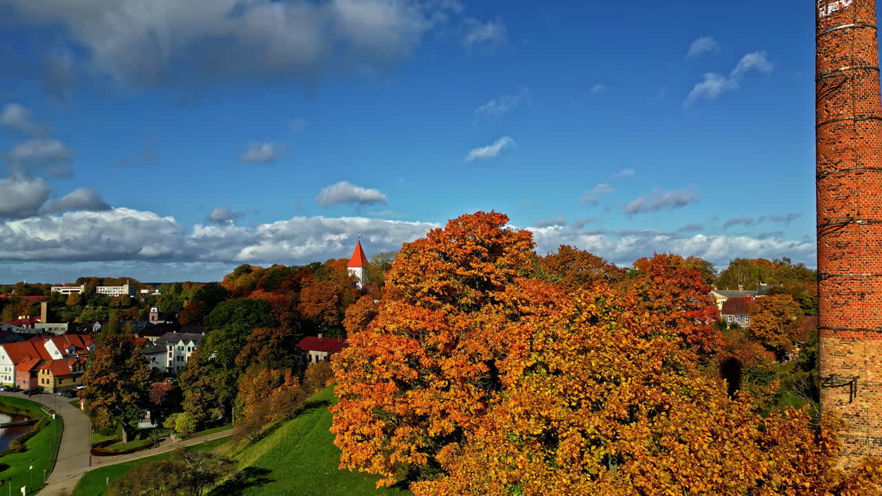 Drone view of the scenery around Talsu evaņgeliski luteriska baznica. Lutheran Church in Latvia.