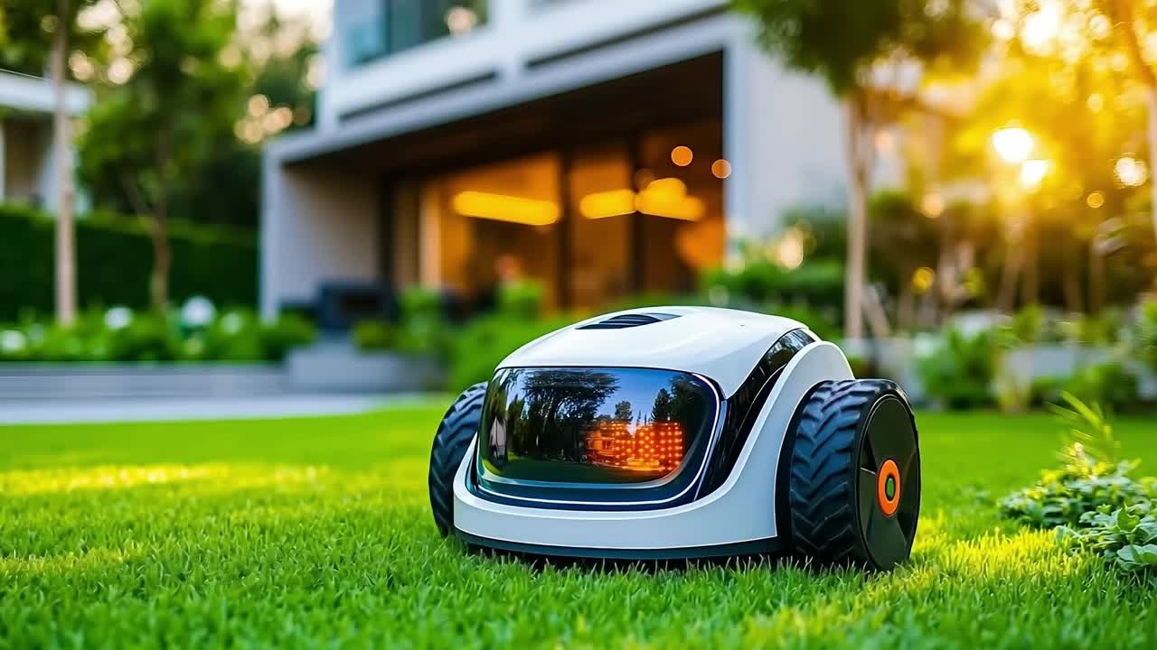 A robot lawn mower sitting on top of a lush green field