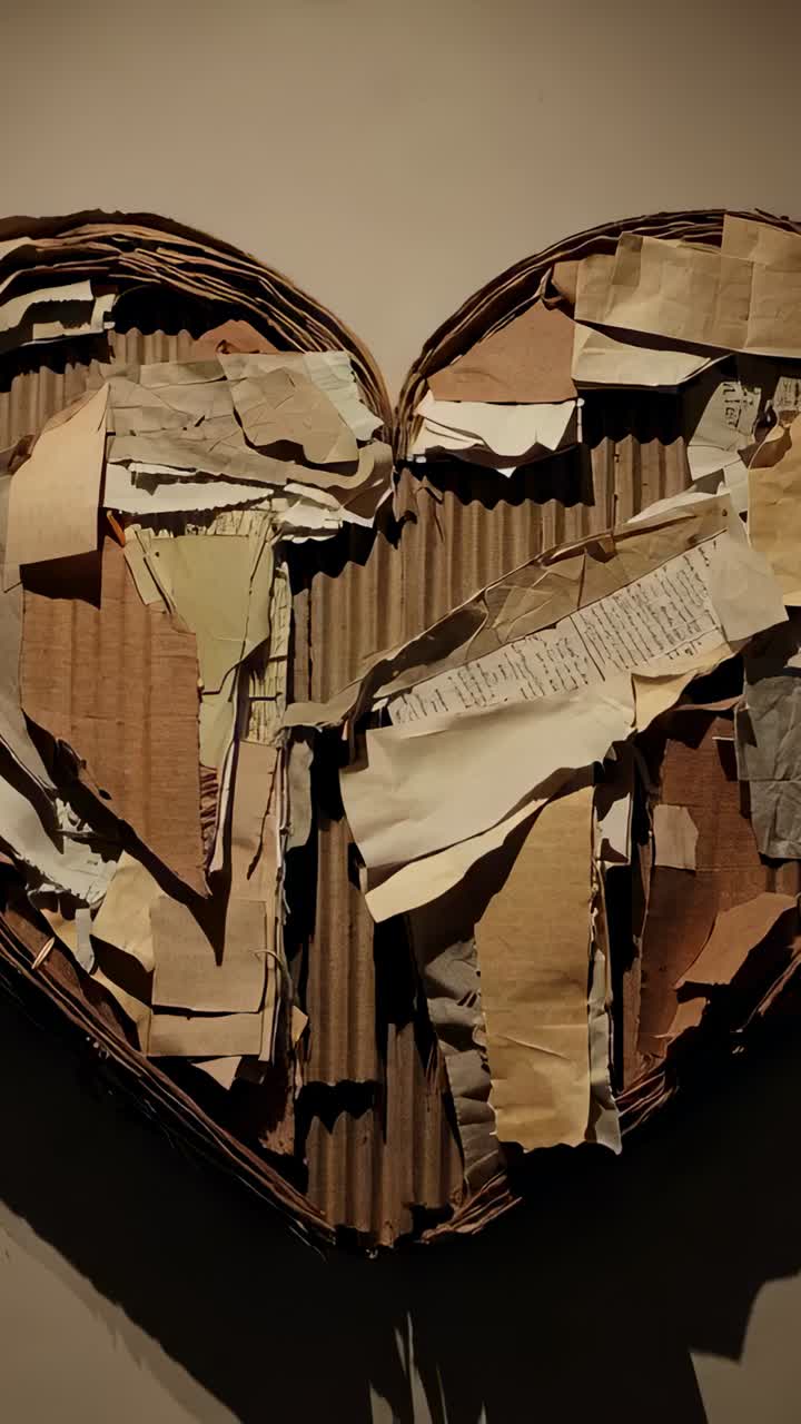 Vertical video: Clip opening camera zooming toward corrugated heart on warm wall showing torn paper