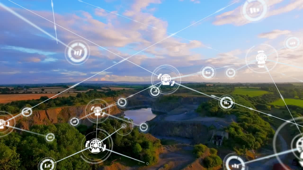 풍경 위의 아이콘으로 연결된 네트워크의 애니메이션