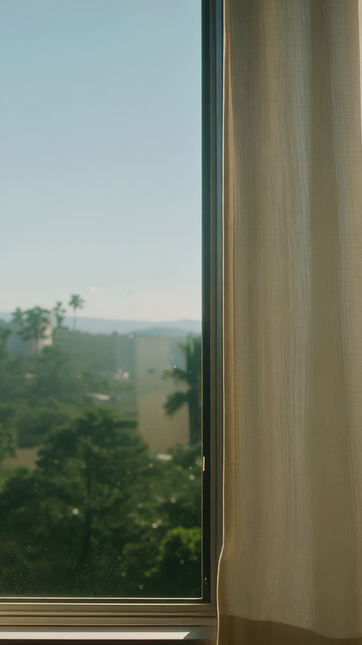Video vertical: Ventana de metal y cortina beige en una habitación, balanceándose con la brisa, revelando palmeras y colinas.