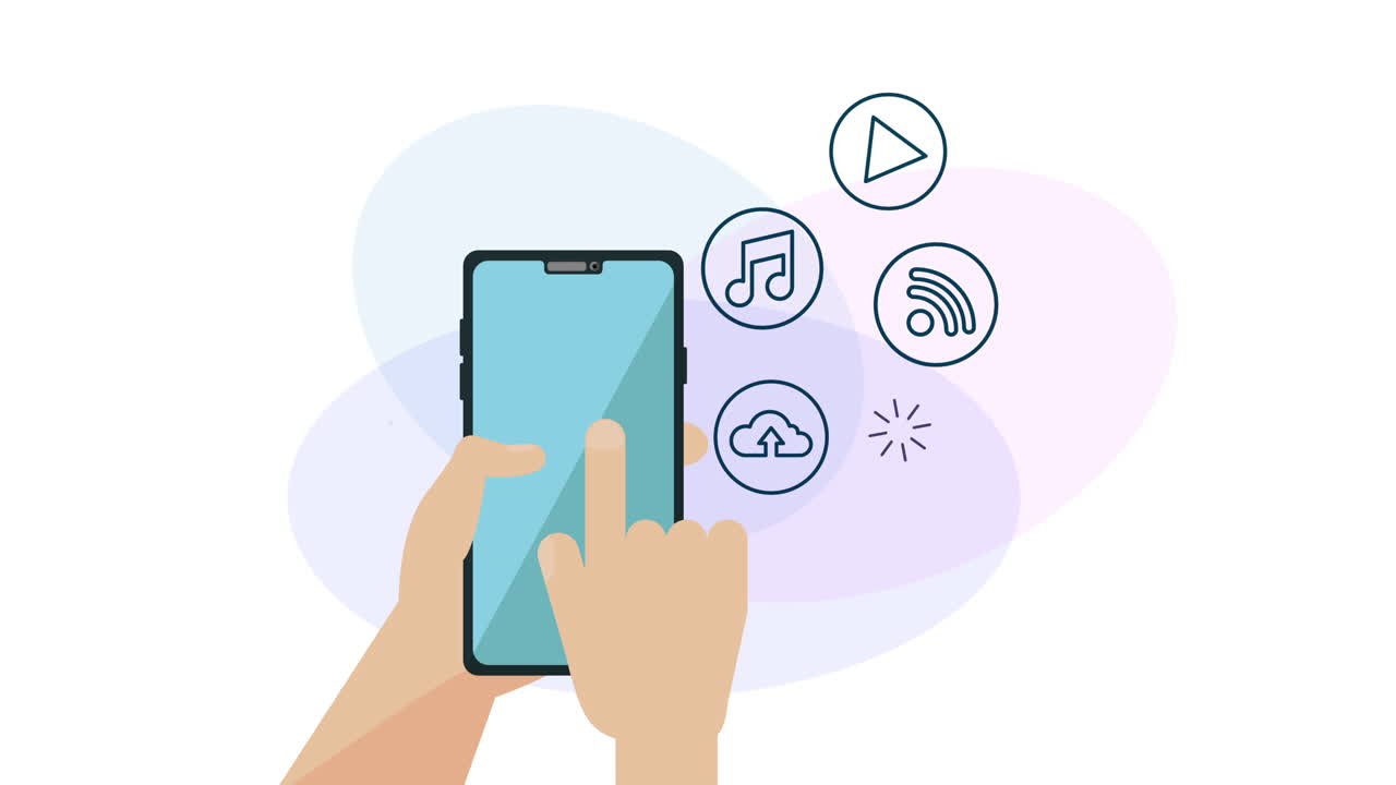 소셜 미디어 마케팅 애니메이션과 함께 스마트폰을 사용하는 손