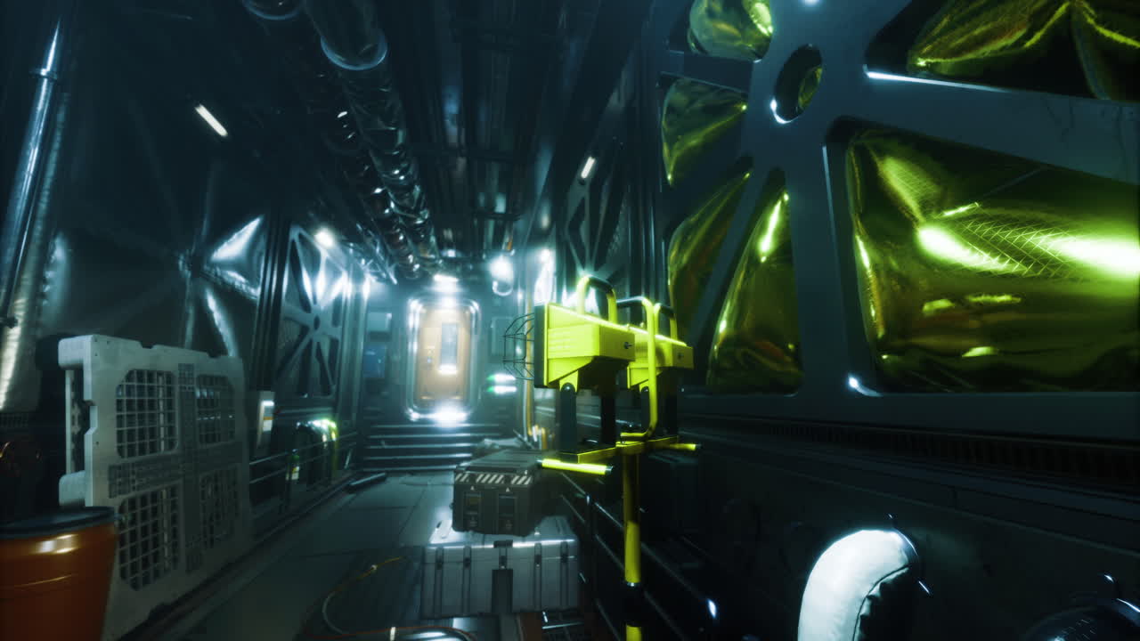 Dark Futuristic Spaceship Corridor with Yellow Lights