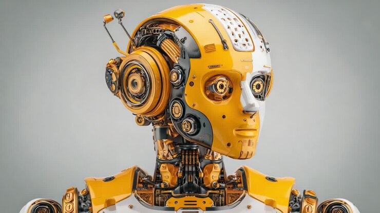 Concept di robot futuristico con componenti meccanici dorati e argentati dal design innovativo, che mette in mostra i dettagli dell'ingegneria robotica