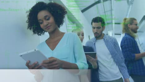 animación del procesamiento de datos y texto de noticias sobre diversas personas de negocios en la oficina