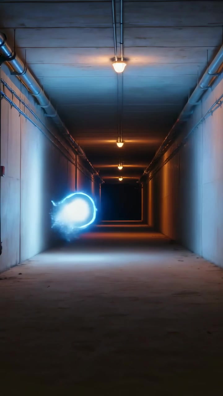 Vertical video: Appearing primary blue orb moving toward camera in concrete corridor, casting glow