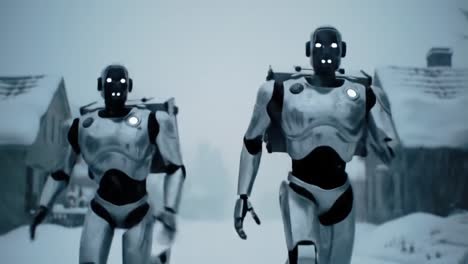 two advanced humanoid robots navigating through a snowy landscape, displaying futuristic design and technology in a winter environment with an air of mystery