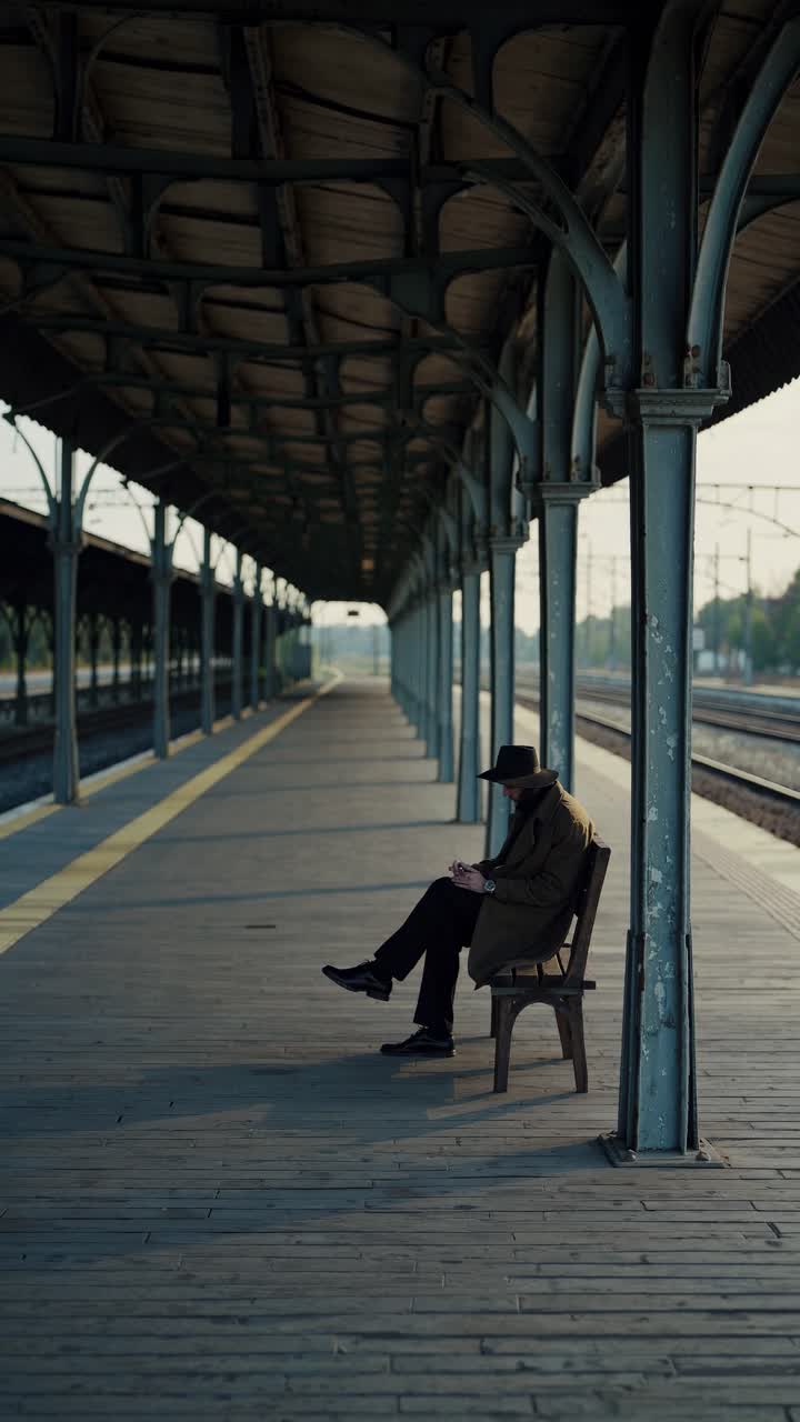 Hombre con gabardina y sombrero sentado solo en el andén de una antigua estación de tren