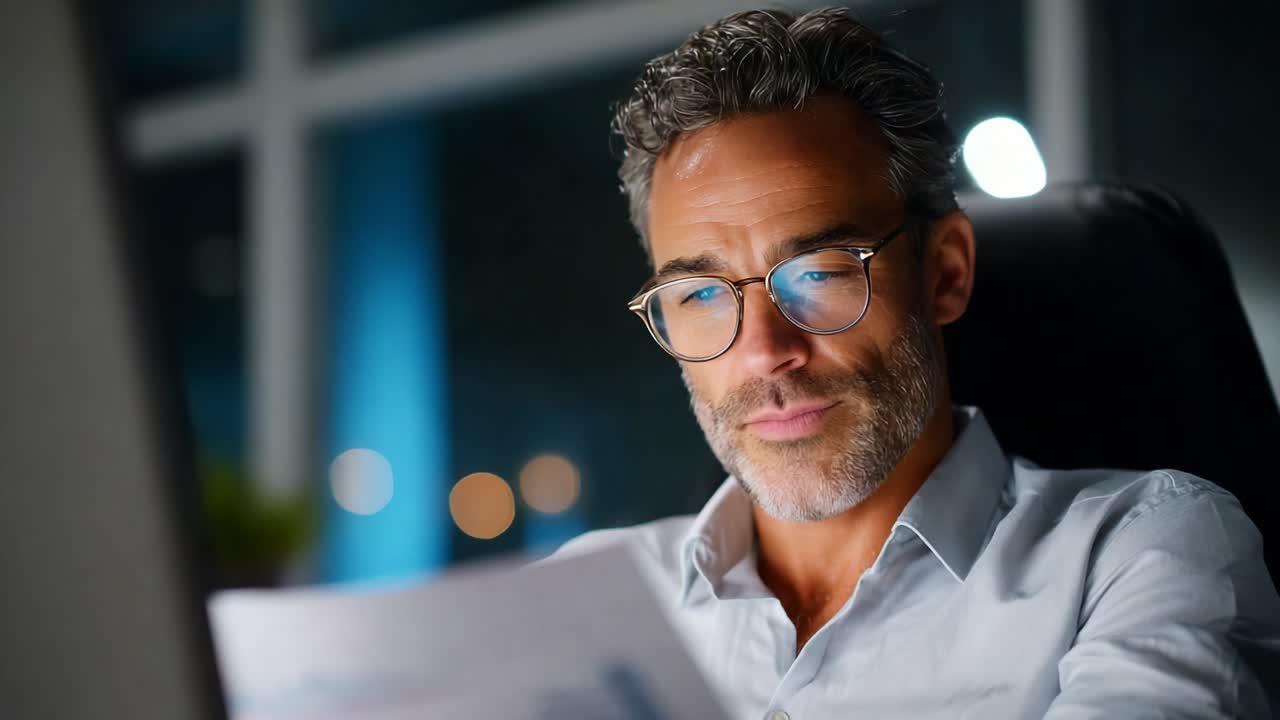 Focused Professional Reviewing Documents at Night: An Engaged Individual Analyzing Important Papers in a Dimly Lit Office with a Modern Aesthetic and Reflections of Urban Lighting in the Background