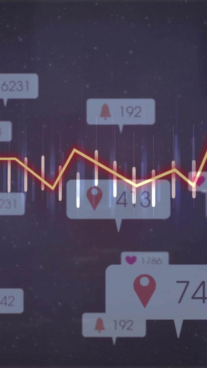 Social media notifications and location icons over digital soundwave animation