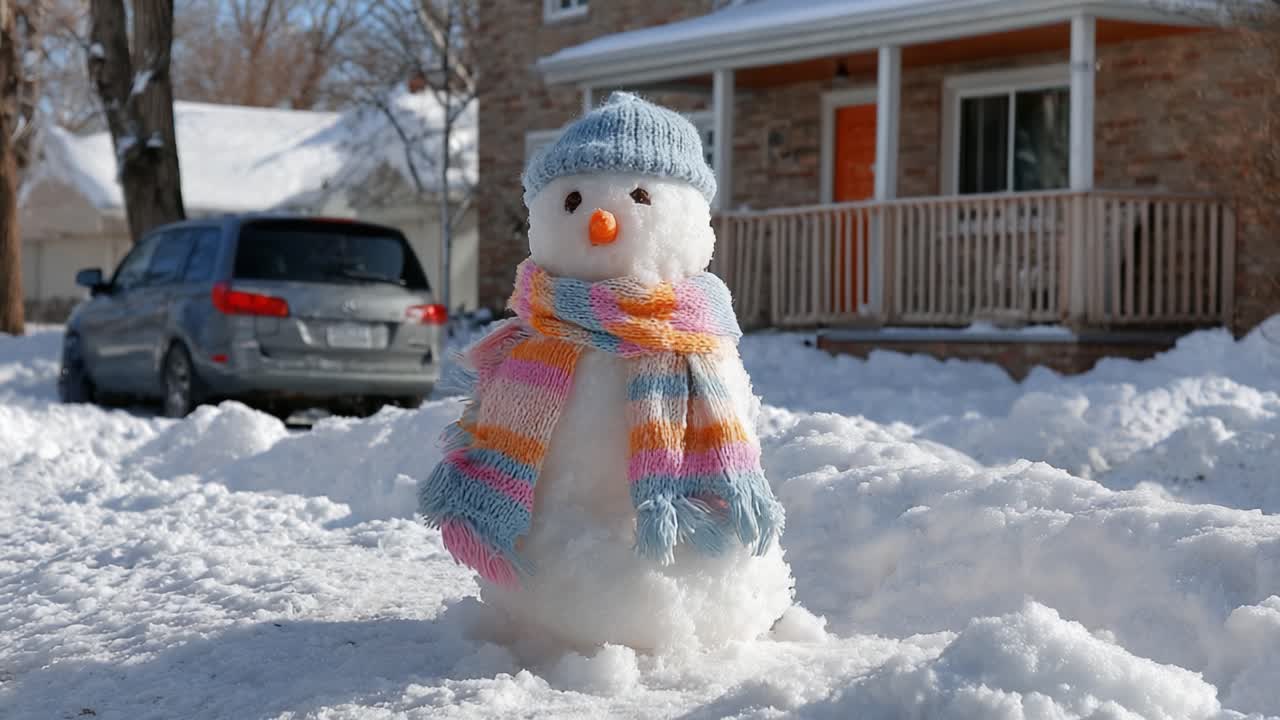 Whimsical Snowman Wearing a Colorful Scarf and Beanie in a Winter Wonderland with a Vehicle in the Background